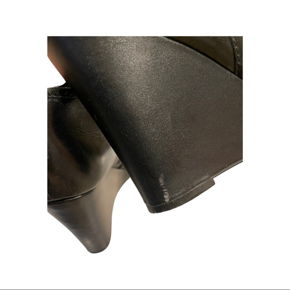 BCBGeneration Open Toe Wedge Heels, Black with gold accent zipper. - Picture 5 of 6